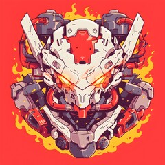 A stylized robot head with sharp, angular features, glowing yellow eyes, and fiery energy surrounding it. Perfect for T-Shirt Design, Sticker, Poster, Merchandise