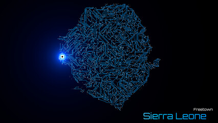 Sierra Leone, with its capital city of Freetown, is represented as a microchip with a central processing unit. A technological representation of the country's outline. Black background.