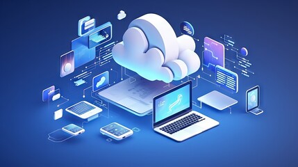 Isometric icon set featuring computers, laptops, and technology equipment in white and blue colors, ideal for creative banners, computer services, tech repair, and cloud storage solutions.

