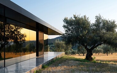 A modern flat roof cottage a glass building with a tree and a pond