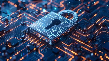 Fototapeta premium A high-tech graphic depicting a cybersecurity concept. The image shows a digital lock over a circuit board pattern, symbolizing data protection. The background features a dark blue gradient with