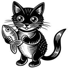 black and white cat with fish