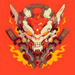 A stylized robot head with sharp, angular features, glowing yellow eyes, and fiery energy surrounding it. Perfect for T-Shirt Design, Sticker, Poster, Merchandise