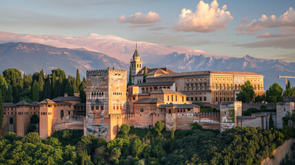 Majestic view of the Alhambra Palace in Spain, surrounded by lush greenery with mountains in the background and a dramatic sky overhead.