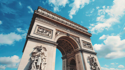 Fototapeta premium Upward view of the iconic Arc de Triomphe in Paris against a bright blue sky, symbolizing grandeur and history.
