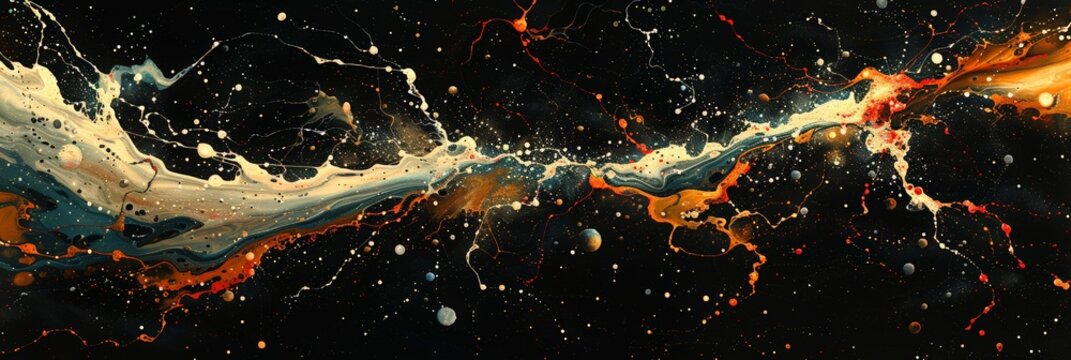 A space landscape, with waves, lines and objects, dark and orange contrasting shades. Ultra-wide. Banner, poster, background, postcard. Copy space.