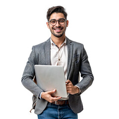 A young man wearing glasses and a business suit is holding a laptop and smiling,  isolated on white or transparent png background