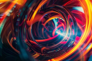 Obraz premium Employ the image as a foundational element in digital artworks, design projects, and visual compositions. The vibrant luminous lines and swirling circles lend a high - tech touch to any creation.