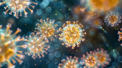 Naklejka premium Virus. Abstract vector 3d viral microbe isolated on blue background. Allergy bacteria, medical healthcare, microbiology concept.