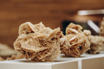 A desert rose, an intricate rose-like formation of crystal clusters of gypsum or baryte, which...