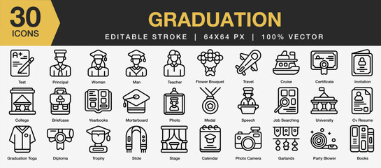 Set of 30 Graduation icon set. Editable Stroke Icon Collection. Includes test, collage, graduation toga, medal, stole and More. Outline icons vector collection.