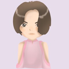 Girl in pink shirt with short hair, colored 3D model with background