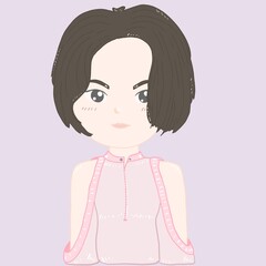 Pink shirt girl with short hair, simple color, with background