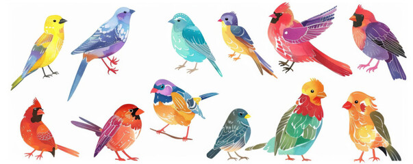 Fototapeta premium A set of watercolor style birds, with bright colors. The birds are in different poses.