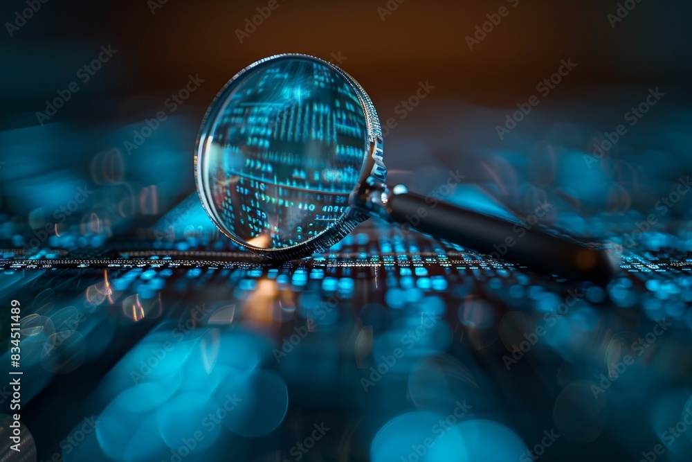 Poster magnifying glass on abstract blue and black background with bokeh, digital code in focus, technology
