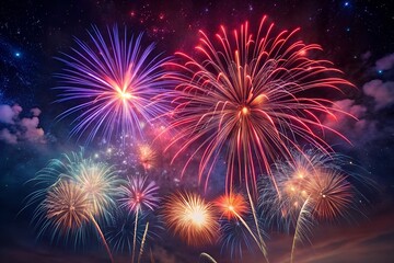 Fototapeta premium Vibrant Fireworks Display against a Starry Night Sky with Clouds.