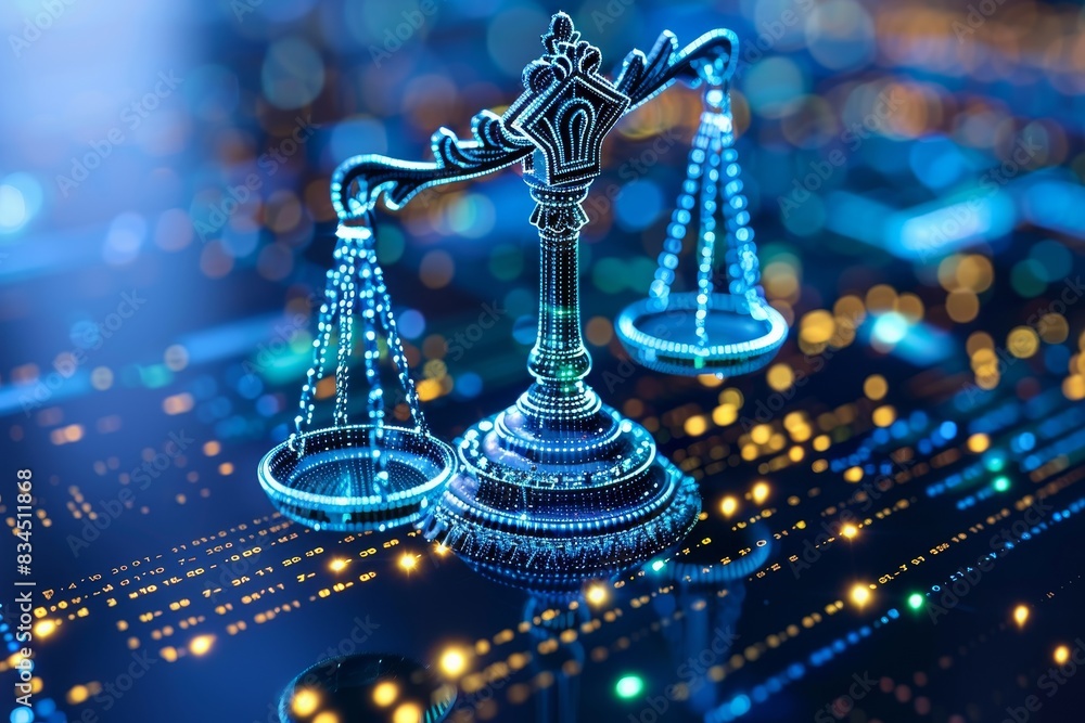 Poster abstract digital scales of justice on glowing futuristic background with bokeh.