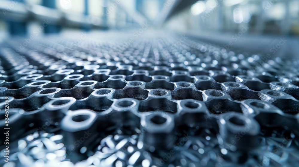 Poster close-up of a metallic chain, with a shallow depth of field and blurred factory background.