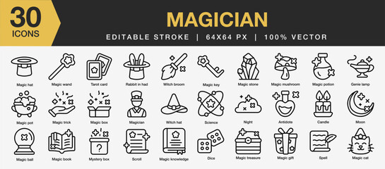 Set of 30 Magician icon set. Editable Stroke Icon Collection. Includes magic hat, spell, magician, tarot card, magic trick and More. Outline icons vector collection.