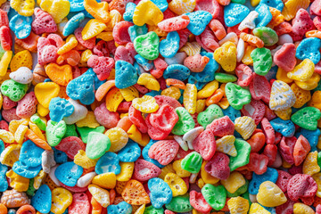 Fototapeta premium A close-up view of a bowl filled with colorful cereal pieces, densely packed to fill the entire frame. The cereal features a variety of shapes and bright colors, creating a fun and playful background 