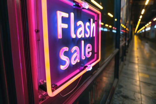 Flash sale neon sign with pink and blue glow, hanging in a window with a blurred city background.
