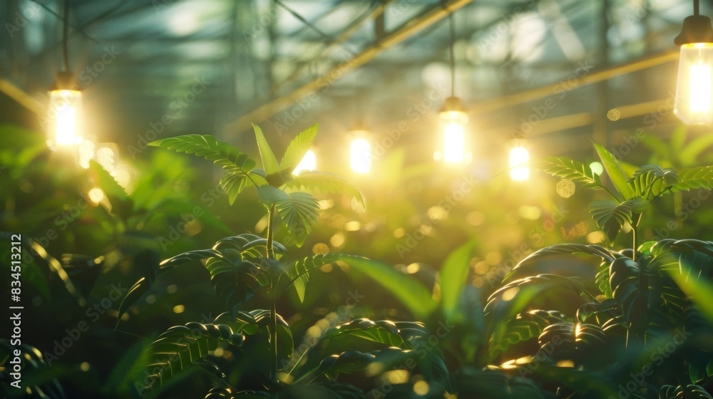 Poster artificial lighting fixtures installed in a greenhouse with builtin sensors that adjust the temperat