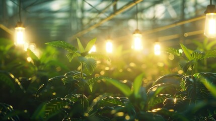 Artificial lighting fixtures installed in a greenhouse with builtin sensors that adjust the temperature in response to changes in natural light levels.
