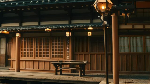 Video animation of  traditional Japanese wooden building, reminiscent of a tea house. structure features sliding doors and transom windows, and a wooden bench is placed in front of it
