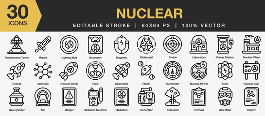 Set of 30 Nuclear icon set. Editable Stroke Icon Collection. Includes mri, generator, formula, proton, magnetic, and More. Outline icons vector collection.