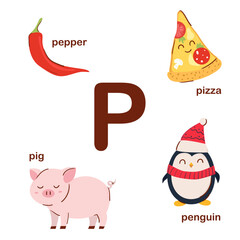 Preschool english alphabet. P letter. Penguin, pig, pizza, pepper . Alphabet design in a colorful style. Educational poster for children. Play and learn.