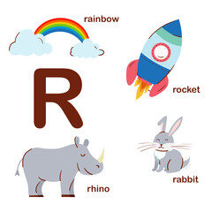 Preschool english alphabet. R letter.  Rabbit, rhino, rocket, rainbow. Alphabet design in a colorful style. Educational poster for children. Play and learn.