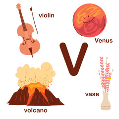 Preschool english alphabet. V letter.  Volcano, Venus, vase, violin. Alphabet design in a colorful style. Educational poster for children. Play and learn.