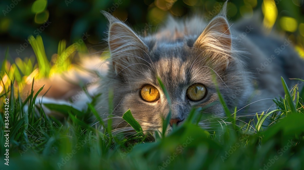 Poster Yellow eyed cat relaxing on the grass