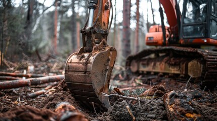 Fototapeta premium A selfpropelled excavator digging up damaged trees that need to be removed for the health of the forest.