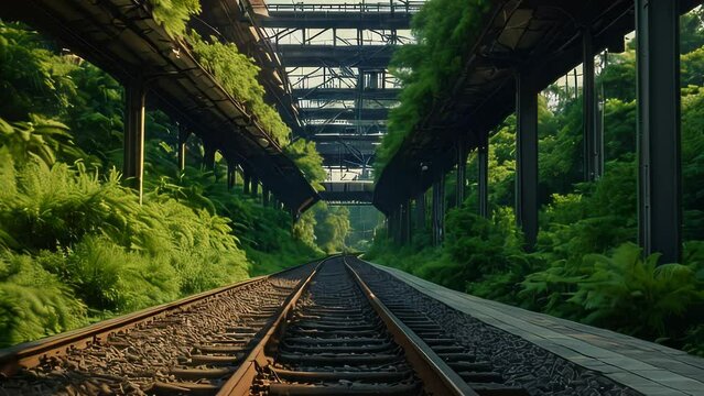 Video animation of railway track extending through a lush green environment. Trees and foliage line both sides of the tracks. The rails lead toward a tunnel-like structure created by overpasses above