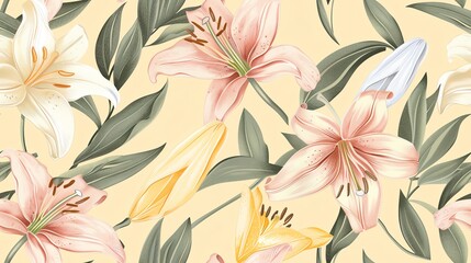 Seamless pattern of pastel-colored hand-drawn tulips and stems, showcasing a fresh and elegant floral theme