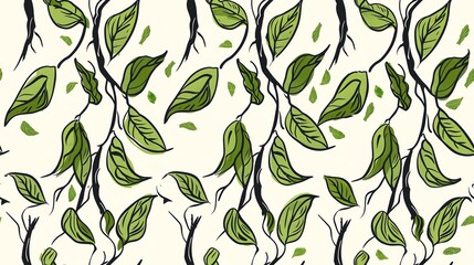 Seamless pattern of hand-drawn leafy vines intertwined with table legs, showcasing a whimsical and organic theme