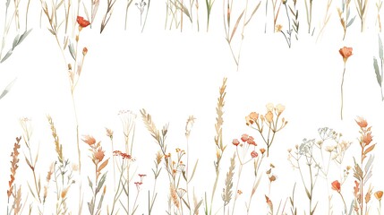 Seamless pattern of watercolor hand-drawn tall grass and wildflowers, creating a soft and natural design