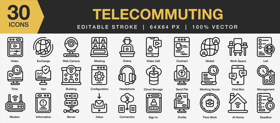 Set of 30 Telecommuting icon set. Editable Stroke Icon Collection. Includes video, server, global, vpn, exchange and More. Outline icons vector collection.