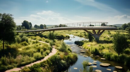 Fototapeta premium A narrow bridge over water with trees and grass