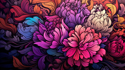 Stunning abstract floral pattern with vibrant colors, intricate details, and flat texture illustration.