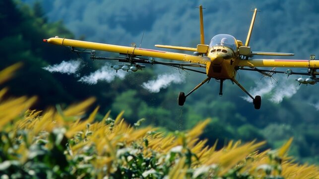 A closeup of an automated crop duster with hightech sensors and cameras attached scanning the crops for potential disease or pests.