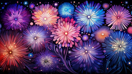 Fototapeta premium Vibrant firework illustration with flat texture, whimsical details, and festive energy in high resolution for artistic designs.