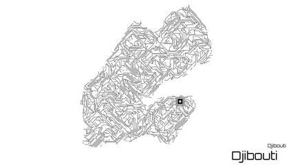 Djibouti, with its capital city of Djibouti, is represented as a microchip with a central processing unit. A technological representation of the country's outline. White background.
