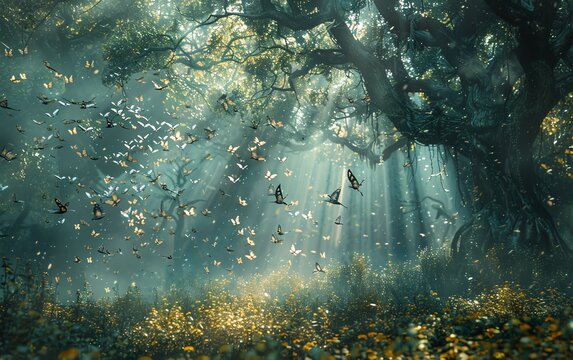 Visualize a scene where musical notes transform into elements of nature, intertwining with tales of survival, depicted through unique camera perspectives