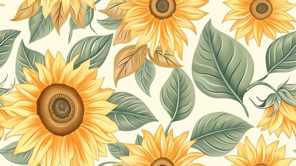 Hand-drawn seamless pattern featuring pastel-colored sunflowers and leaves, perfect for a bright and lively look