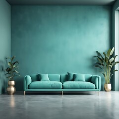 Premium Luxury Living with Cyan Sofa Velor and Tiffany, Turquoise, Teal, Azure Mint Microcement Wall. Minimalist Interior Design for Home or Office Lounge. Empty Mockup Wall for Art. 3D Render.