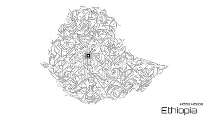 Ethiopia, with its capital city of Addis Ababa, is represented as a microchip with a central processing unit. A technological representation of the country's outline. White background.