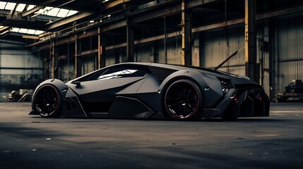 Obraz premium A black sports car in a building, super realistic