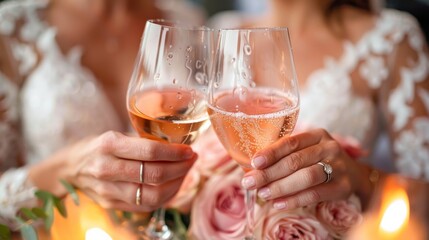 A newlywed couple shares a glass of pink Moscato, their wedding rings visible on their left hands. wedding celebration, filled with love and joy.